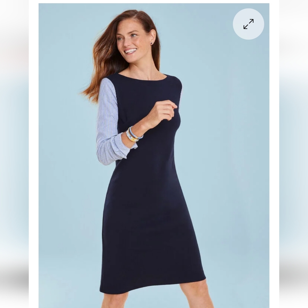 Talbots Navy Sheath Dress with Blue-Striped Shirt Sleeves